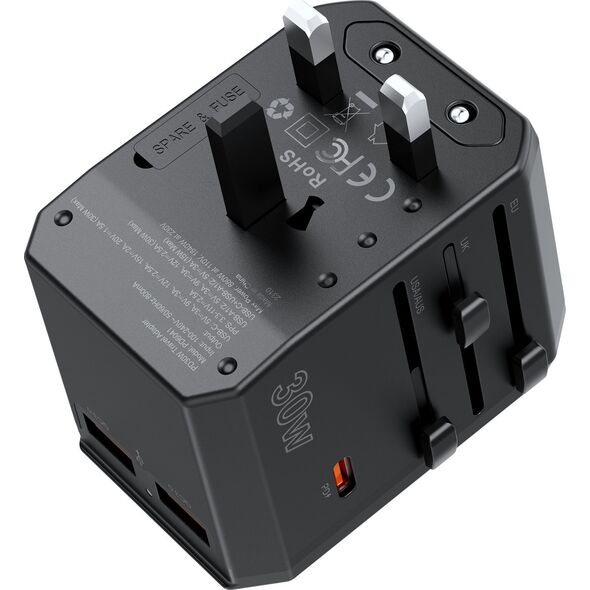 Ładowarka Choetech Uniwersalna ładowarka podróżna USB-C 2x USB-A PD 30W wtyczki USA EU UK AU czarna Uniwersalna ładowarka podróżna USB-C 2x USB-A PD 30W wtyczki USA EU UK AU czarna 14122254 6932112106193