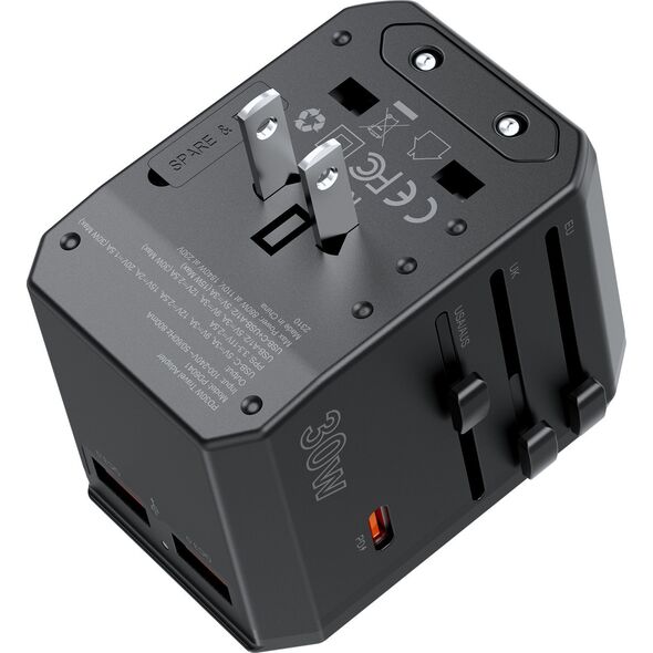 Ładowarka Choetech Uniwersalna ładowarka podróżna USB-C 2x USB-A PD 30W wtyczki USA EU UK AU czarna Uniwersalna ładowarka podróżna USB-C 2x USB-A PD 30W wtyczki USA EU UK AU czarna 14122254 6932112106193