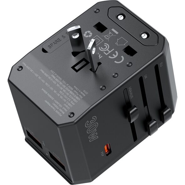 Ładowarka Choetech Uniwersalna ładowarka podróżna USB-C 2x USB-A PD 30W wtyczki USA EU UK AU czarna Uniwersalna ładowarka podróżna USB-C 2x USB-A PD 30W wtyczki USA EU UK AU czarna 14122254 6932112106193