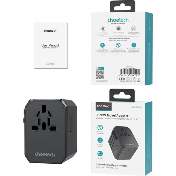 Ładowarka Choetech Uniwersalna ładowarka podróżna USB-C 2x USB-A PD 30W wtyczki USA EU UK AU czarna Uniwersalna ładowarka podróżna USB-C 2x USB-A PD 30W wtyczki USA EU UK AU czarna 14122254 6932112106193