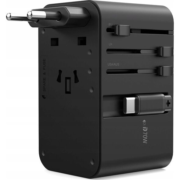 Choetech Adapter podróżny Choetech PD5022 70W EU / US / AUS / UK z wbudowanym kablem USB-C - czarny 14127401 6932112106896