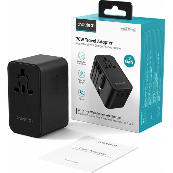 Choetech Adapter podróżny Choetech PD5022 70W EU / US / AUS / UK z wbudowanym kablem USB-C - czarny 14127401 6932112106896