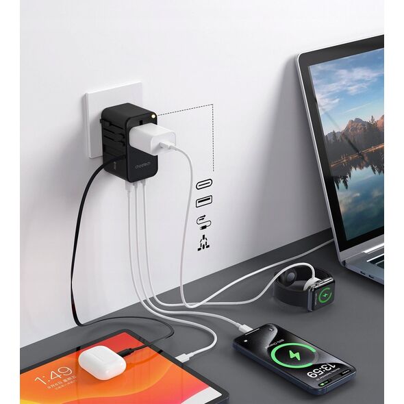 Choetech Adapter podróżny Choetech PD5022 70W EU / US / AUS / UK z wbudowanym kablem USB-C - czarny 14127401 6932112106896