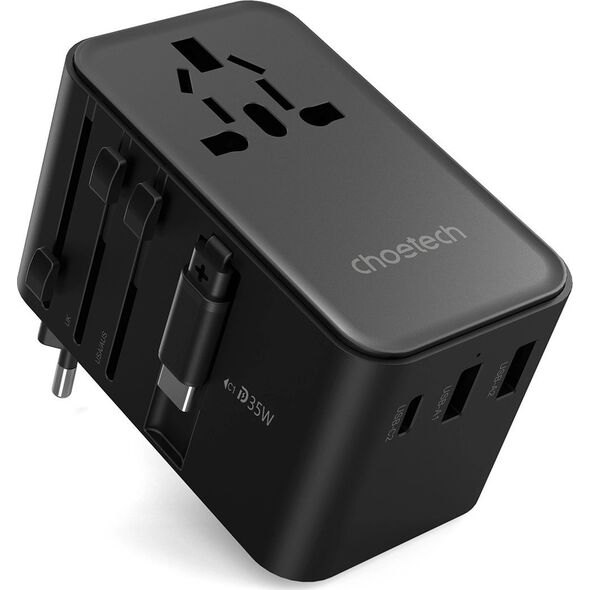 Choetech Adapter podróżny Choetech PD5020 35W EU / US / AUS / UK z wbudowanym kablem USB-C - czarny 14127409 6932112106872