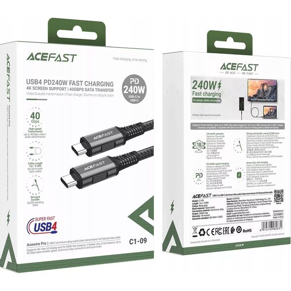 Kabel USB Acefast Kabel Acefast C1-09 USB-C / USB-C USB4 PD3.1 5A 1m - szaro-czarny 14127420 6974316282631