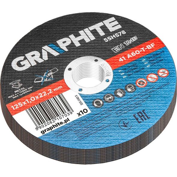 Graphite Tarcze tnące do metalu 125 x 1.0 x 22.2 mm, 41 A60-T-BF, 10 sztuk folia 14151302 5902062107039