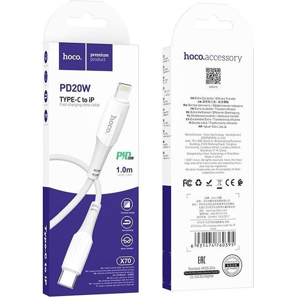 Kabel USB Hoco HOCO kabel Typ C do Lightning PD 3A 20W X70 1 m biały 14168823 6931474760395