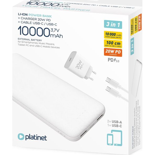 Powerbank Platinet Powerbank 10000mAh + ładowarka sieciowa 230V USB-C 20W + kabel USB-C -> USB-C 1m PLATINET biały (45998) 14189839 5907595459983
