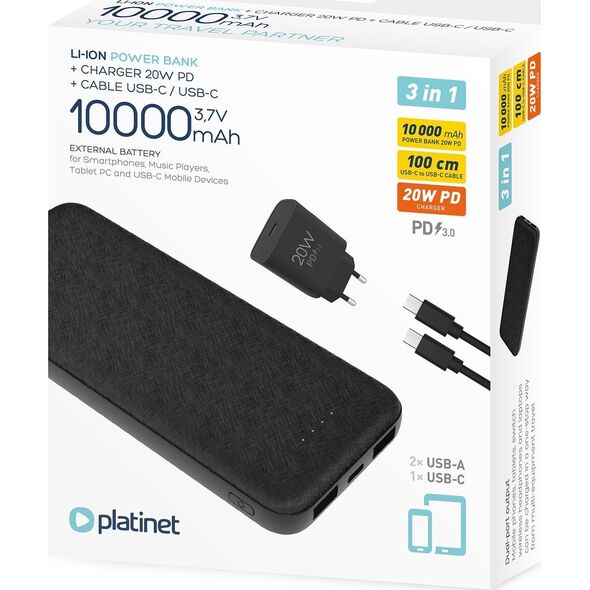 Powerbank Platinet Powerbank 10000mAh + ładowarka sieciowa 230V USB-C 20W + kabel USB-C -> USB-C 1m PLATINET czarny (45993) 14189889 5907595459938