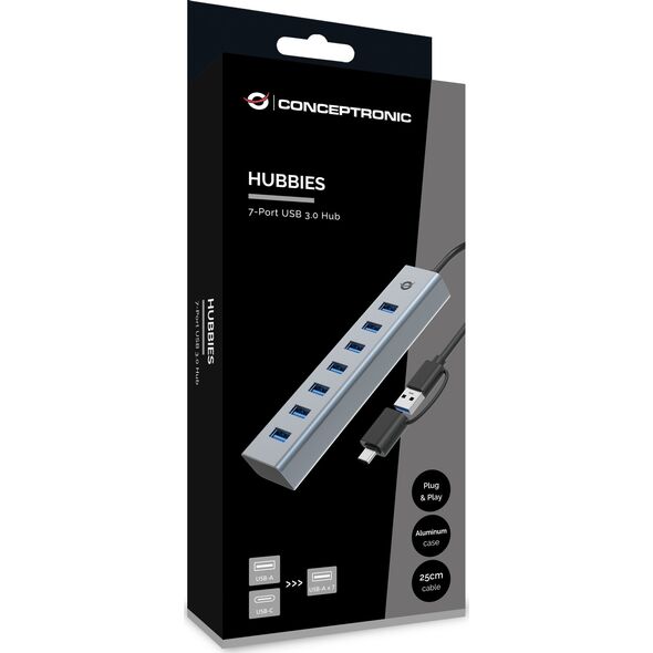 HUB USB Conceptronic Conceptronic HUBBIES21G huby i koncentratory USB 3.2 Gen 1 (3.1 Gen 1) Type-A 5000 Mbit/s Szary 14198027 4015867238301