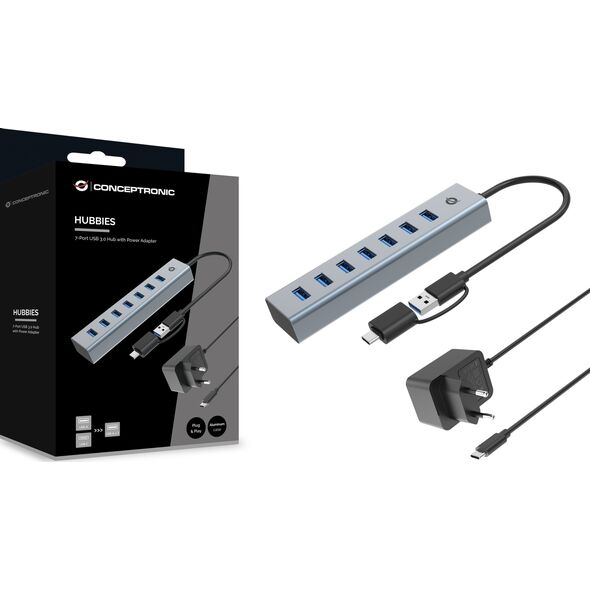 HUB USB Conceptronic Conceptronic HUBBIES21GP huby i koncentratory USB 3.2 Gen 1 (3.1 Gen 1) Type-A 5000 Mbit/s Szary 14198033 4015867238318