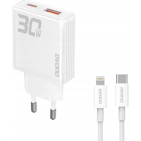 Ładowarka Dudao Ładowarka sieciowa GaN Dudao A30EUL 30W USB-A / USB-C + kabel USB-C - Lightning - biała 14203621 6976625332816