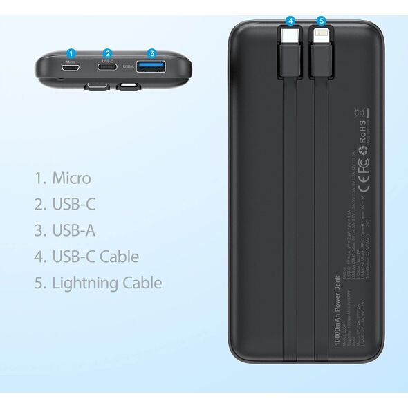 Powerbank Choetech Powerbank Choetech B654 10000mAh 22.5W USB-A / USB-C / micro USB z wbudowanym kablem USB-C / Lightning - czarny 14205356 6932112106087