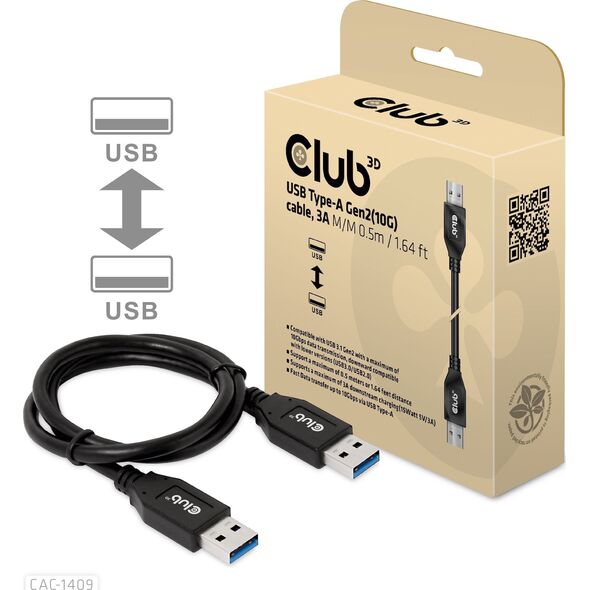 Kabel USB Club 3D CLUB3D CAC-1409 kabel USB USB 3.2 Gen 2 (3.1 Gen 2) 0,5 m USB A Czarny 14211568 8719214472863