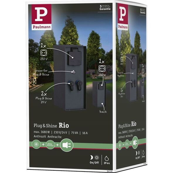 Paulmann Zewnętrzna kolumna zasilająca RIO 2GN. 24V Plug & Shine + 2GN. 230V IP44 + czujnik zmierzchu stal szlachetna / antracyt 14215140 4000870947012