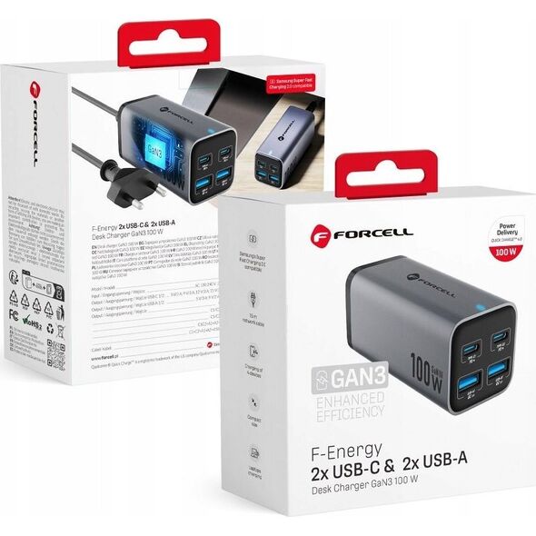 Ładowarka ForCell FORCELL F-ENERGY GaN III VT-49 ładowarka biurkowa 2 x Typ C + 2 x USB A PD QC4.0 SFC2.0 5A 100W szara 14221351 5903396299094