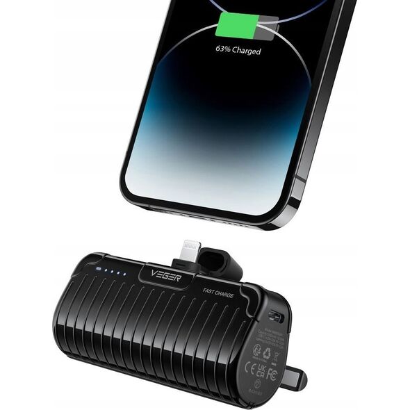 Powerbank Veger VEGER powerbank 5000 mAh z wbudowanym złączem Lightning PlugOn PD QC3.0 2,4A 20W W0558P czarny 14243829 6970453556826