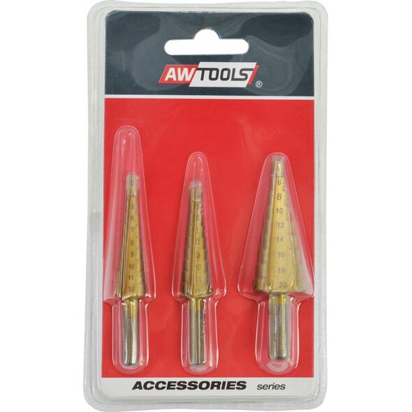 Wiertło AWTools AWTOOLS WIERTŁA STOPNIOWE HSS-TIN KOMPLET 3 SZTUKOWY / 3-12mm / 4-12mm / 4-20mm 14268403 5903678615246