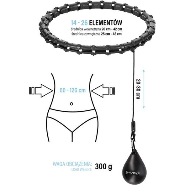 HMS ZESTAW HULA HOP HHW11 BLACK Z WYPUSTKAMI I OBCIĄŻNIKIEM + PAS BR163 BLACK PLUS SIZE HMS 14274675 5907695557695