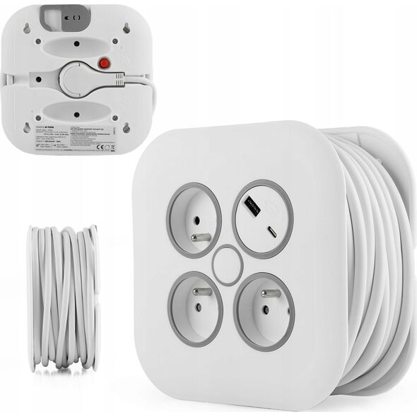 Plastrol Przedłużacz zwijany 10m 3x1mm2 10A z bezpiecznikiem termicznym + USB-A + USB-C 14394635 5902273426509