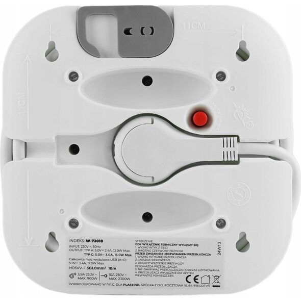 Plastrol Przedłużacz zwijany 10m 3x1mm2 10A z bezpiecznikiem termicznym + USB-A + USB-C 14394635 5902273426509
