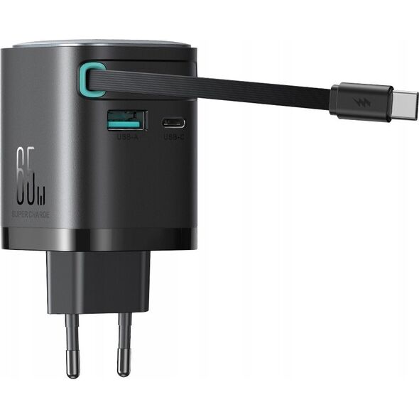 Ładowarka Joyroom Ładowarka GaN Joyroom JR-TCL02 65W USB-A USB-C z wbudowanym kablem USB-C - czarna 14397123 6956116714475