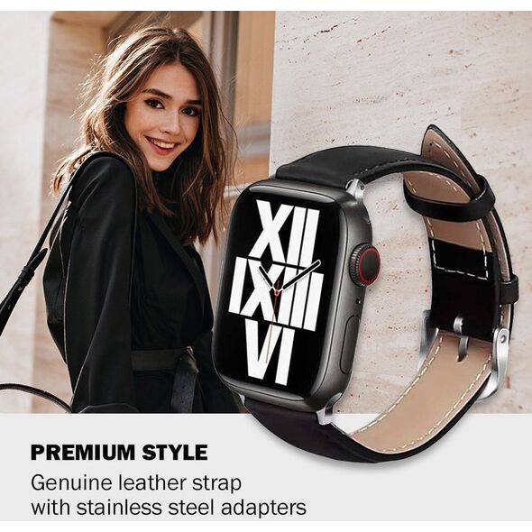 Crong Crong Noble Band - Pasek z naturalnej skóry do Apple Watch 42/44/45/49 mm (Black Noir)