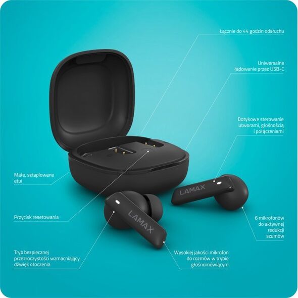 Słuchawki Lamax LAMAX In-Ear Clips1 ANC  black BT 5.3 Akku 44 Std.