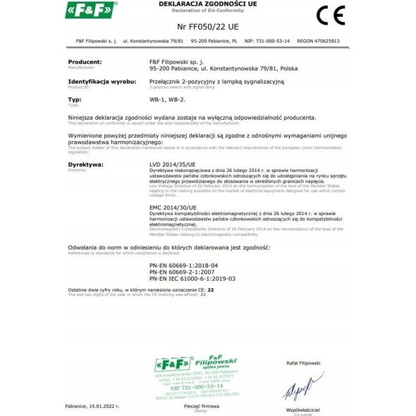 F&F Przełącznik dwupozycyjny F&F WB-1Y 16A 1NO 230V AC z podświetleniem żółtym na szynę DIN