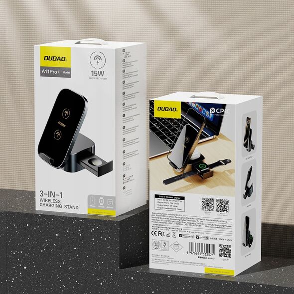 Ładowarka Dudao Ładowarka Dudao A11Pro+ indukcyjna 15W 3w1 do telefonu / smartwatcha / słuchawek - czarna