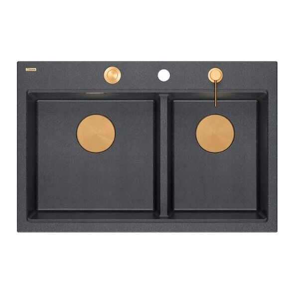 Zlewozmywak GraniteQ MARC 120 WORKSTATION GraniteQ zlewozmywak 2-komorowy 760*500*235 mm black diamond + syfon push to open + dozownik + deska + wkładka / elementy miedzia
