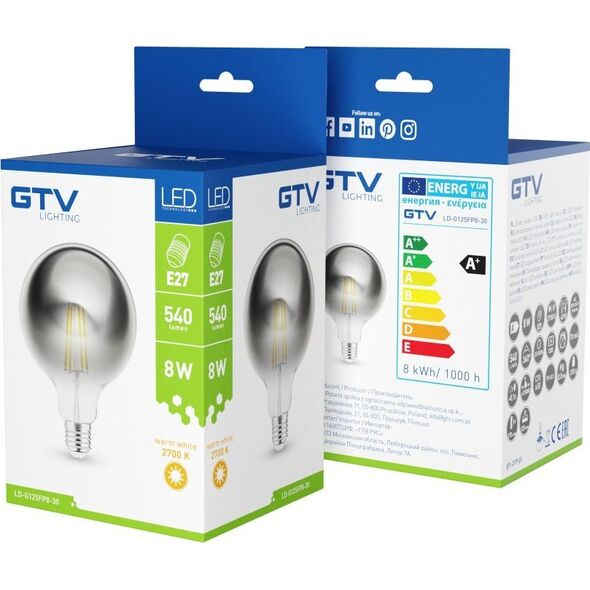 GTV Żarówka dekoracyjna GTV Filament LD-G125FP8-30 8W E27 G125 2700K 540lm dymiona