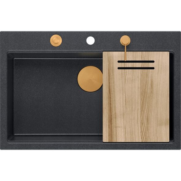 Zlewozmywak GraniteQ Zlewozmywak granitowy MARC 1-komorowy 76x50 cm czarny/black diamond + Nano MIEDĹą PVD