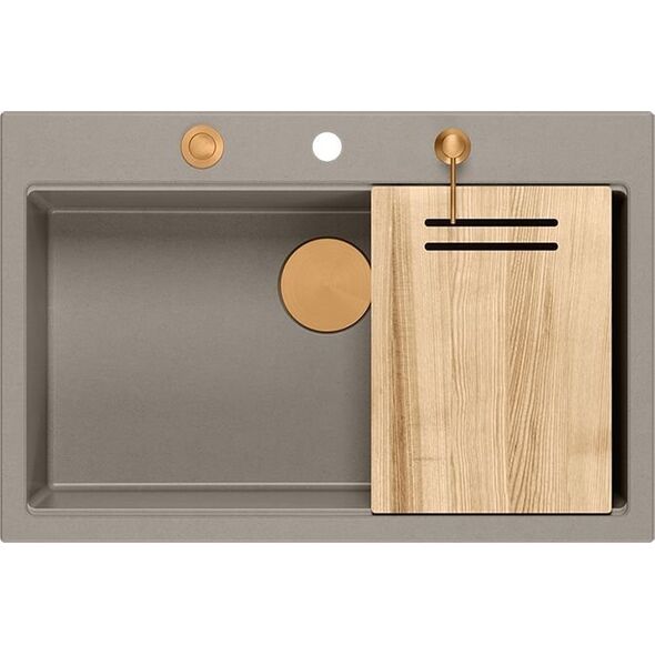 Zlewozmywak GraniteQ Zlewozmywak granitowy MARC 1-komorowy 76x50 cm szarobeżowy/soft taupe + Nano MIEDŹ PVD