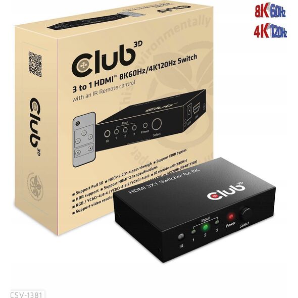 Club 3D Club3D HDMI Switchbox 3 Eingänge -> 1 Ausgang  8K60Hz UHD retail