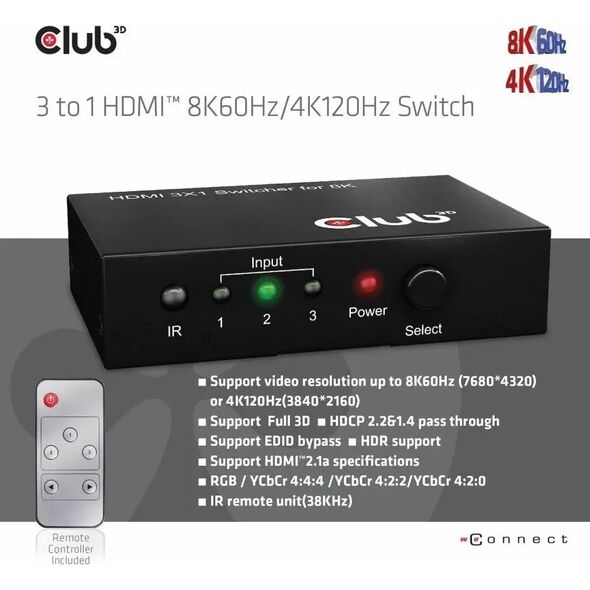 Club 3D Club3D HDMI Switchbox 3 Eingänge -> 1 Ausgang  8K60Hz UHD retail
