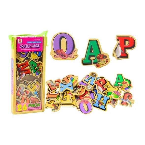 LeanToys Zestaw Magnesy Drewniane Literki Obrazki 26 Sztuk