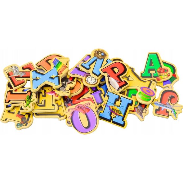 LeanToys Zestaw Magnesy Drewniane Literki Obrazki 26 Sztuk