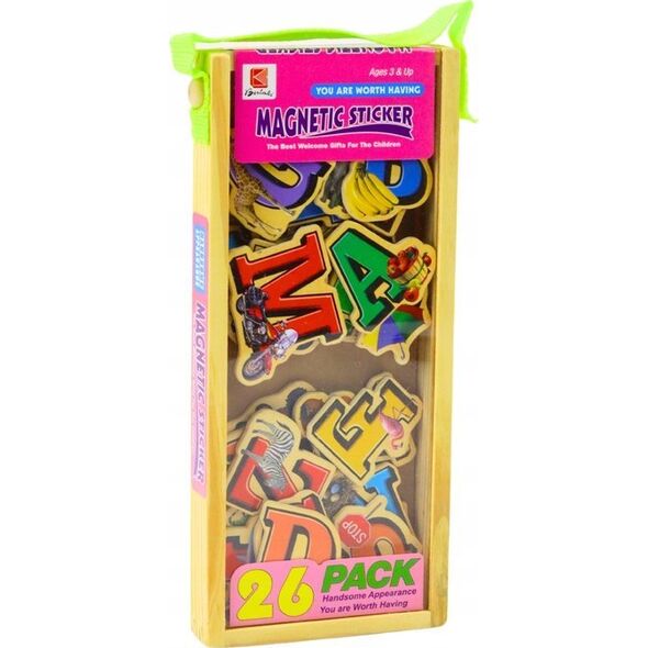 LeanToys Zestaw Magnesy Drewniane Literki Obrazki 26 Sztuk