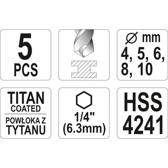 Wiertło Yato do metalu tytanowe sześciokątne 4 5 6 10 8mm zestaw (YT-44700)