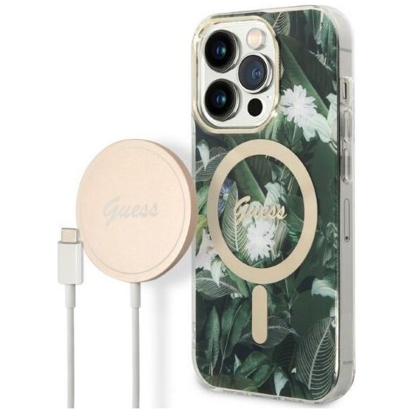 Ładowarka Guess Zestaw Guess etui + ładowarka bezprzewodowa GUBPP14XHJEACSA Apple iPhone 14 Pro Max zielony/green hard case Jungle MagSafe