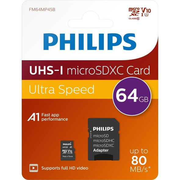 Philips 2-Pack microSDXC 64GB Class 10 U1 V10 A1 UHS-I με αντάπτορα (PHMSDA64GUHSIU1P2) (PHIPHMSDA64GUHSIU1P2) έως 12 άτοκες Δόσεις