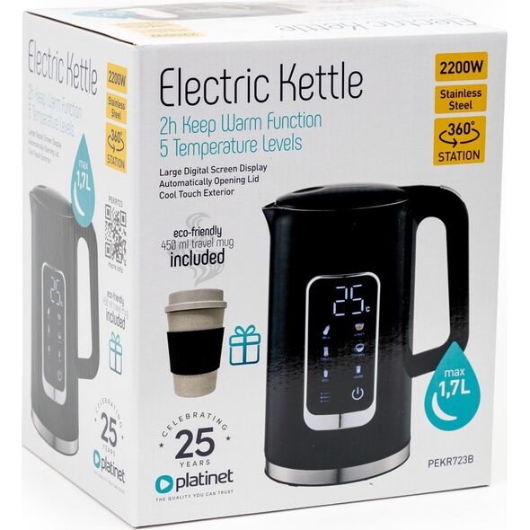 PLATINET CZAJNIK KETTLE LCD DISPLAY 1,7L 5 TEMPERATURE SETTINGS + 450 ML TRAVEL MUG, BLACK [45976]