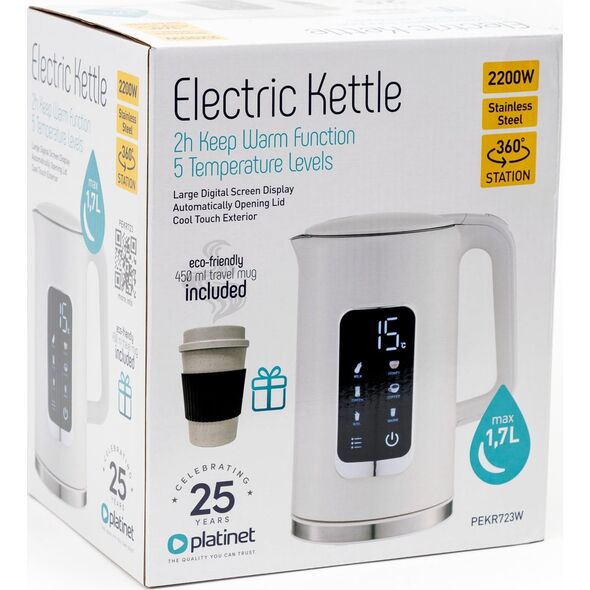 PLATINET CZAJNIK KETTLE LCD DISPLAY 1,7L 5 TEMPERATURE SETTINGS + 450 ML TRAVEL MUG, WHITE [45980]