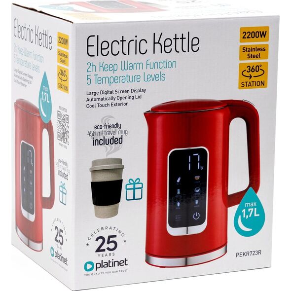 PLATINET CZAJNIK KETTLE LCD DISPLAY 1,7L 5 TEMPERATURE SETTINGS + 450 ML TRAVEL MUG, BURGUND RED [45979]