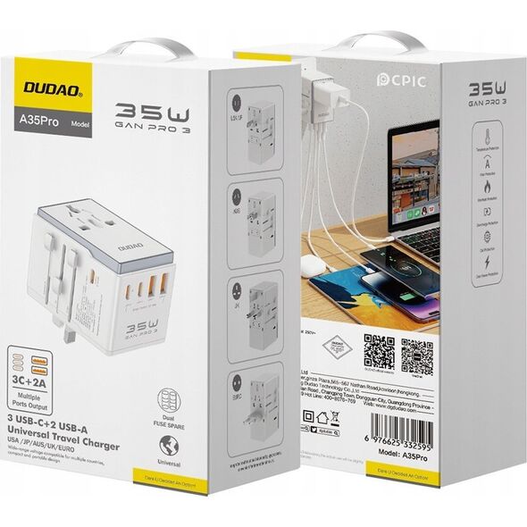 Dudao Adapter podróżny Dudao A35Pro 35W EU / UK / AUS / US / JP 3x USB-C 2x USB-A - biały