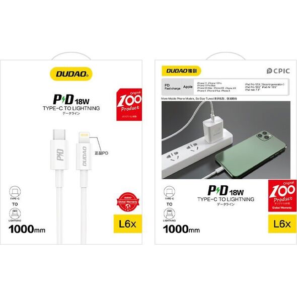 Kabel USB Dudao Dudao kabel USB Typ C - Lightning 18 W 1 m Power Delivery biały (L6X white)