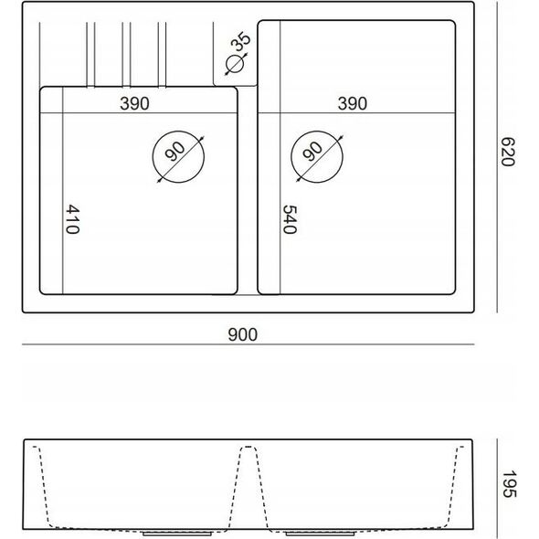 Zlewozmywak GraniteQ Quadron | BILL 120 | granitowy zlewozmywak kuchenny CZARNY mat | wymiary: 90 x 62 x 20,5 cm | 2-komorowy nakładany na szafkę | podbudowa szafki: od 90 cm