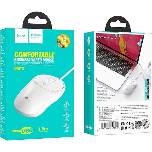 Mysz Hoco HOCO mysz komputerowa przewodowa USB A GM13 1,5 m biała