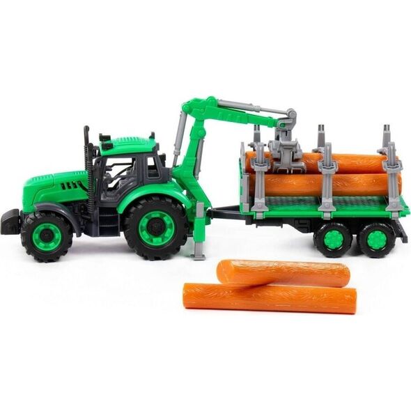 Polesie Polesie 96487 Traktor Progres inercyjny z podnośnikiem i przyczepą do przewozu drewna, zielony w pudełku